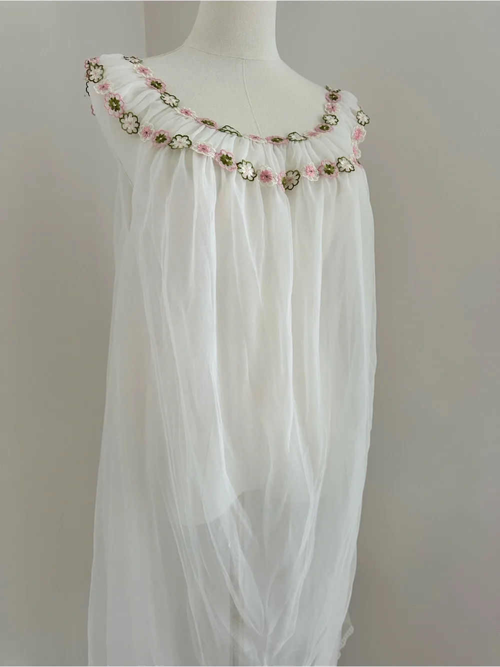 Vintage White Sheer Chiffon Chemise with Pink & Green Floral Trim #081